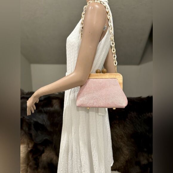 Pink Handmade Embossed Cowhide Wooden Frame Purse/with 2 Chain Styles - Picture 2 of 15